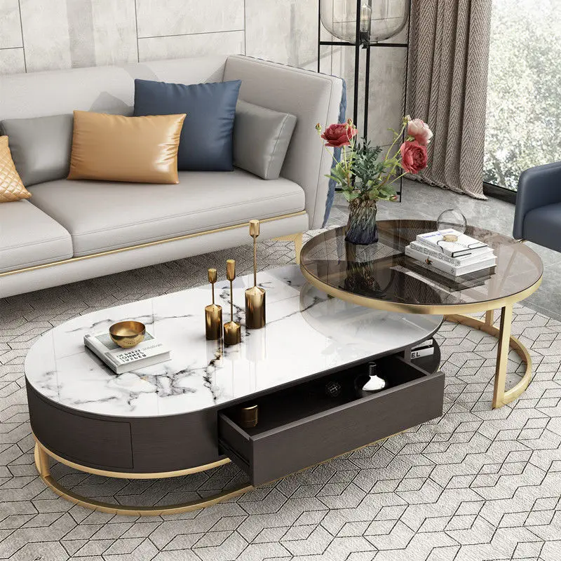 Круглый журнальный столик, современный простой эластичный кофейный столик для гостиной, маленькой квартиры, с выдвижным ящиком