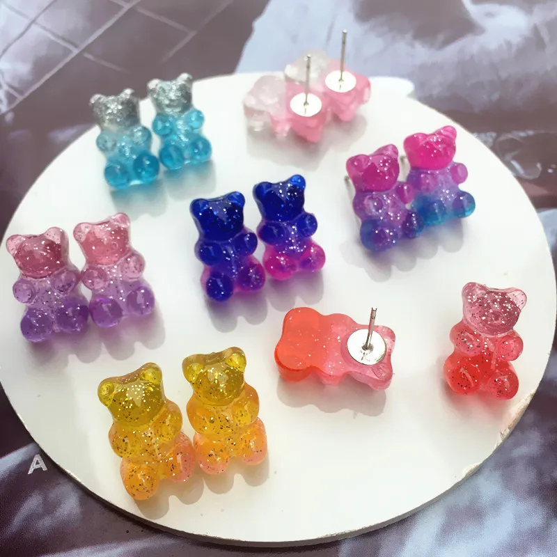 Girls Kids Adorable Resin Gummy Bear Earrings Cute Colorful Animal Teddy Jelly Bear Stud Earrings For Ladies