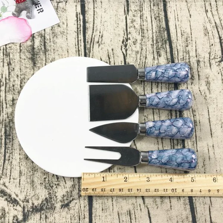 Western Tableware Four-Piece Set Colourful Marble Pattern Ceramic Handle Stainless Steel Cutting Knife