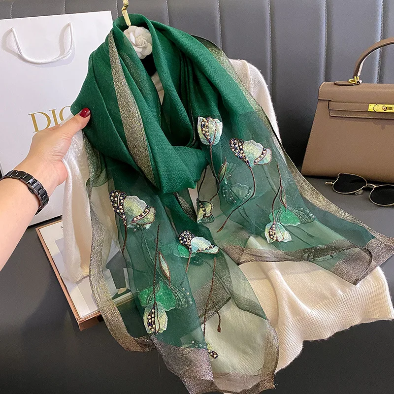 Ready to ship 2024 spring summer ladies silk wool blend scarves elegant floral Embroidery Silk Shawl Scarf for Weddings