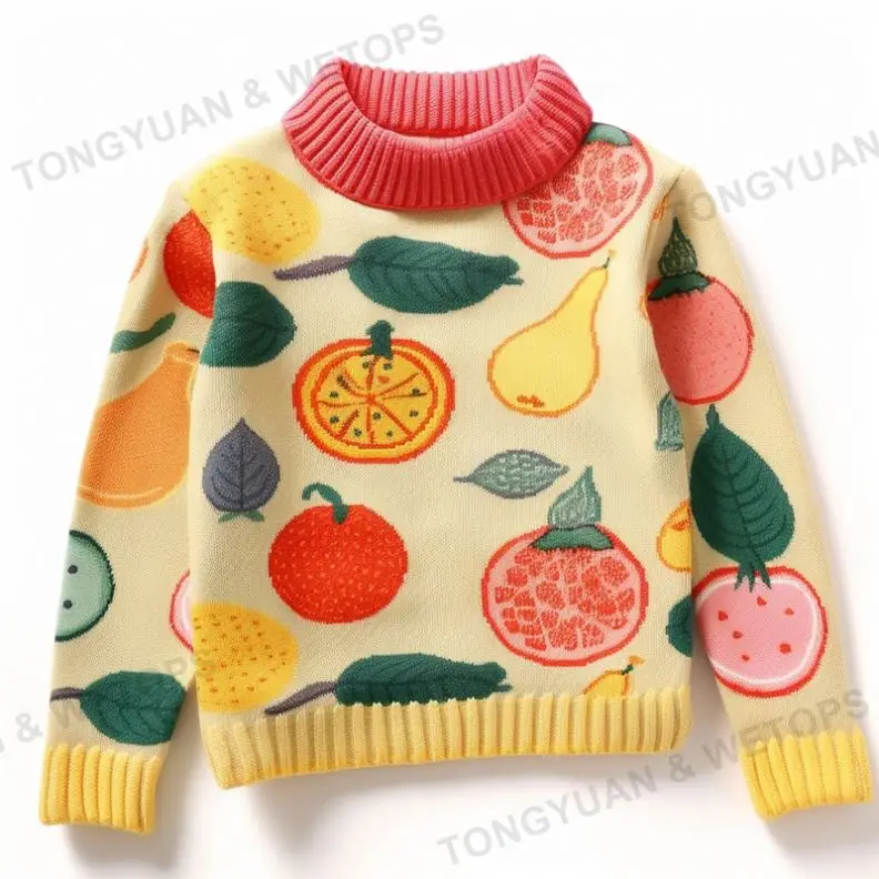 Fashionable Colorful Toddler Girls Fruit Pattern Mock Neck Sweater 2025 Autumn Winter