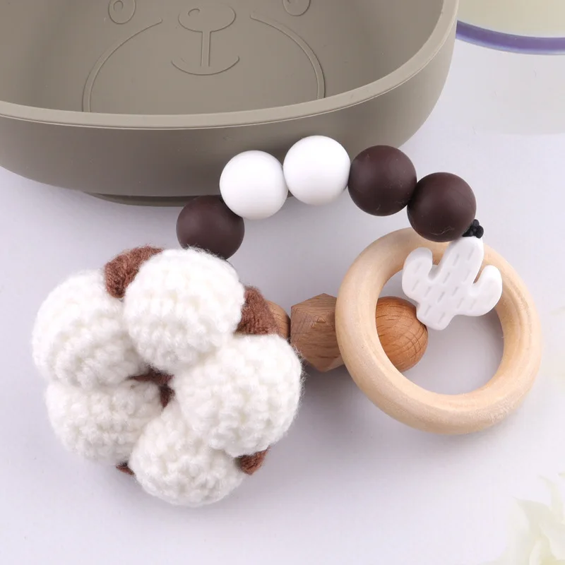 Ins hot sale ready to ship natural handmade knitting wooden crochet baby  lovely fruit Crop cotton wrist teether rattle toy