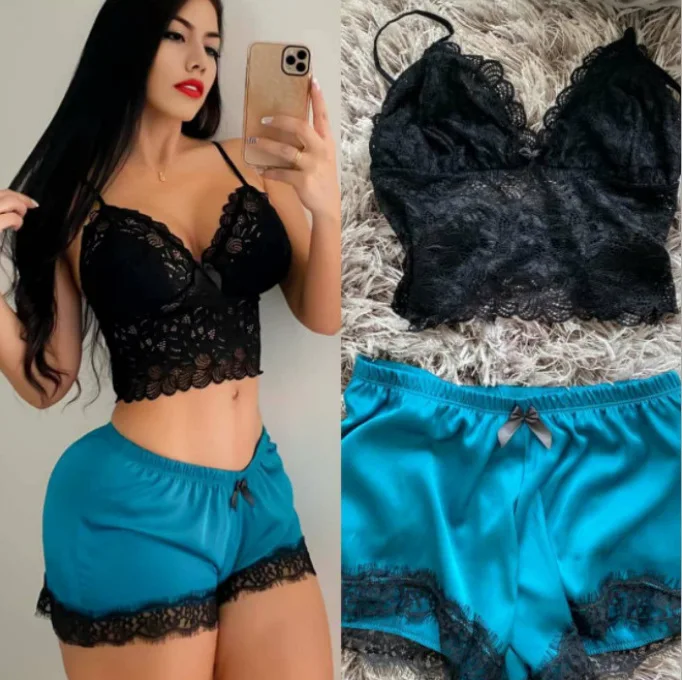 B0112 2022 High Quality 2 Pieces Set Sleepwear Plus Size Women Silk Satin Sexy Lace Pajama Shorts