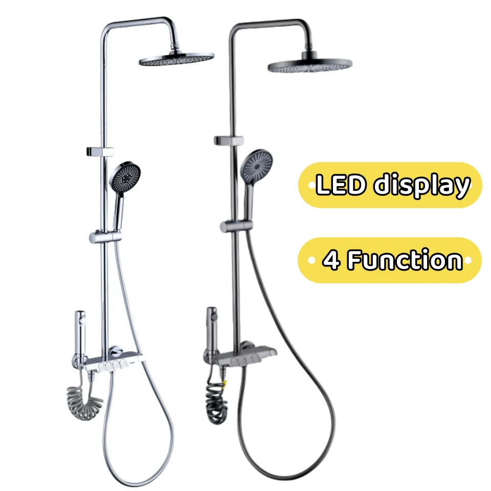 2023 New Design 4 Functions led digital display piano key rainfall shower faucet set rain bath system for bathroom