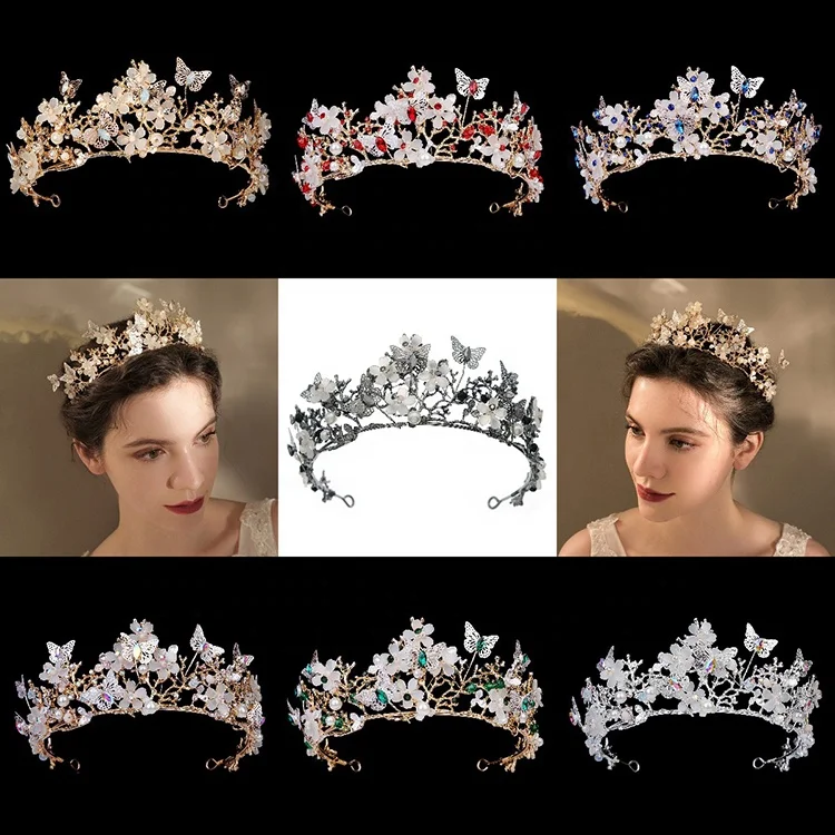 Wholesale custom fashion crowns for bouquets Hot sale metal crowns of pearl alloy butterfly and flower crown headband