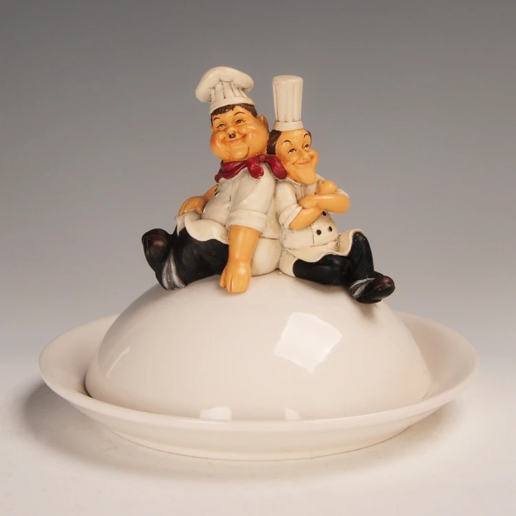
Resin polyresin chefs sitting on porcelain butter dish tableware dinnerware home decoration figurine gift 