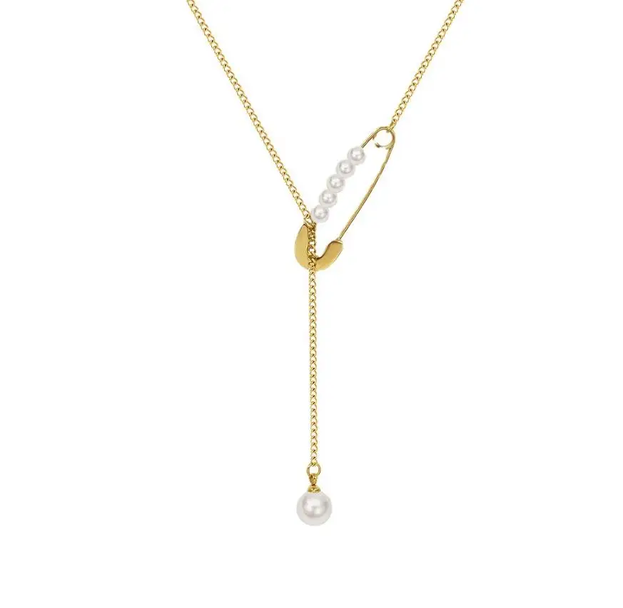 French paperclip collier femme 18K gold imitation pearl necklace stainless steel long necklace with pearl for women
