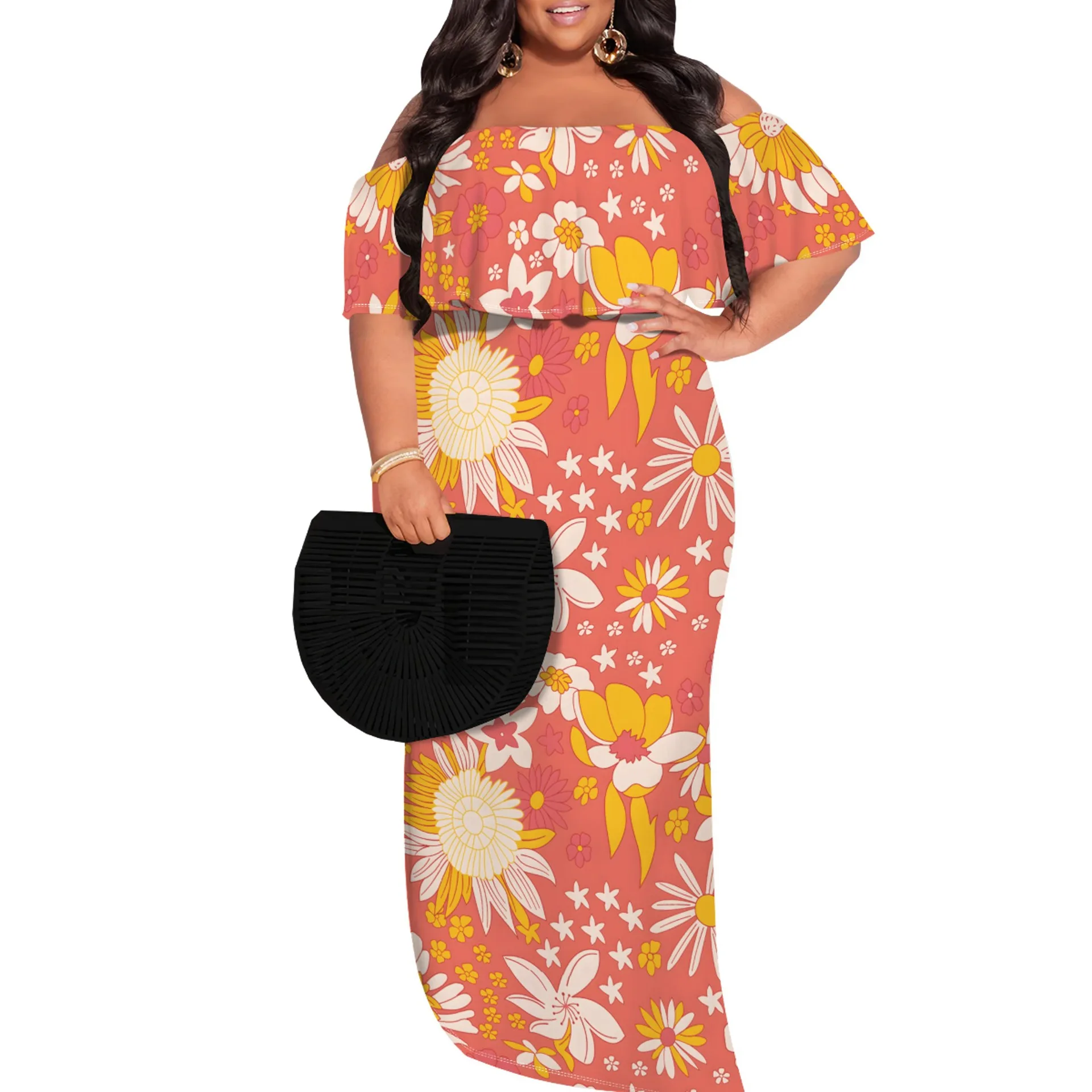women fall clothes 2024 xxxxl plus size women sexy dress 2024 Off-shoulder graphic print maxi dress
