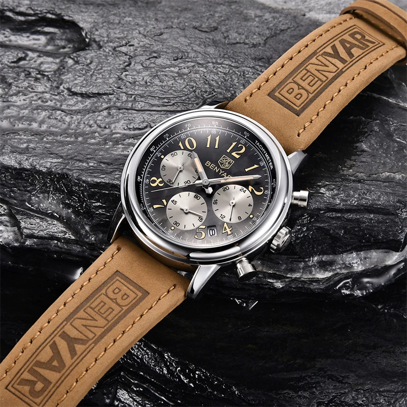 New Watches Men Luxury Brand BENYAR Chronograph Men Sport Watches High Quality Leather Strap Quartz Wristwatch Relogio Masculino