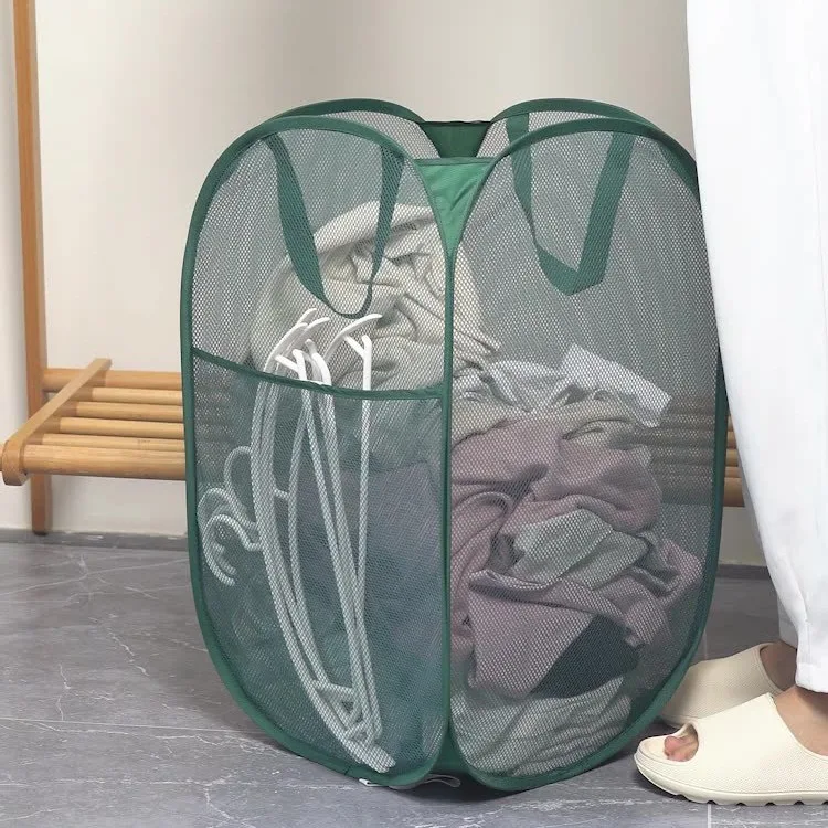 Wholesale Foldable Mesh Net Plastic Nylon Laundry Hamper Pop up Collapsible Dirty Clothes Basket Laundry Basket