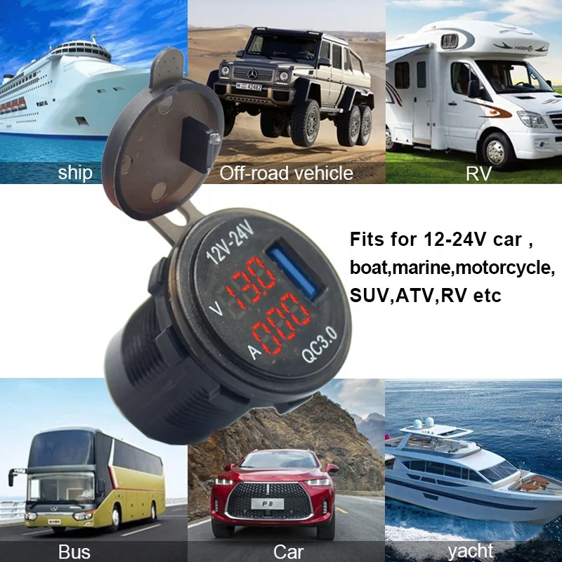Waterproof 12V/24V QC3.0 Dual USB Fast Charger Power Outlet with Voltage and Current Display
