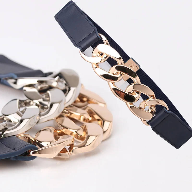 Male And Female Style European and American trend exaggerated Gold Chain Belt leather Elastic Thick gold Chain Adjustable Decor