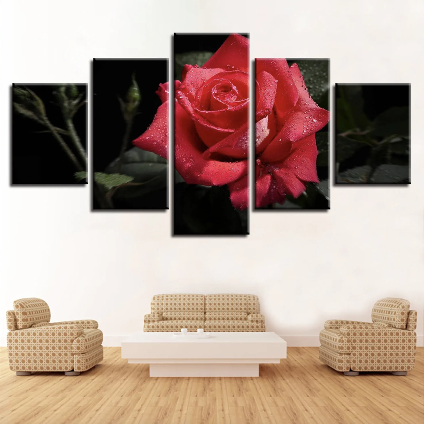 Gallery Wrap 5 Panel Gift Wall Picture Art Decor Red Rose Flower Canvas Prints for Living Room Decoration