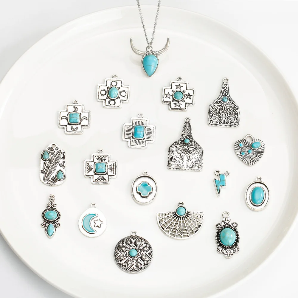 New Retro Bohemian Style Western Charms Bull Head Water Drop Cow Turquoise Pendants for Jewelry Making Accessories