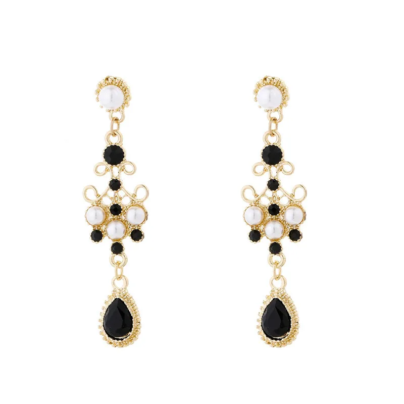 HOVANCI Hot Sale Pearl Hollow Flower Shape Dangle Earrings Water Drop Baroque Crystal Chandelier Earrings