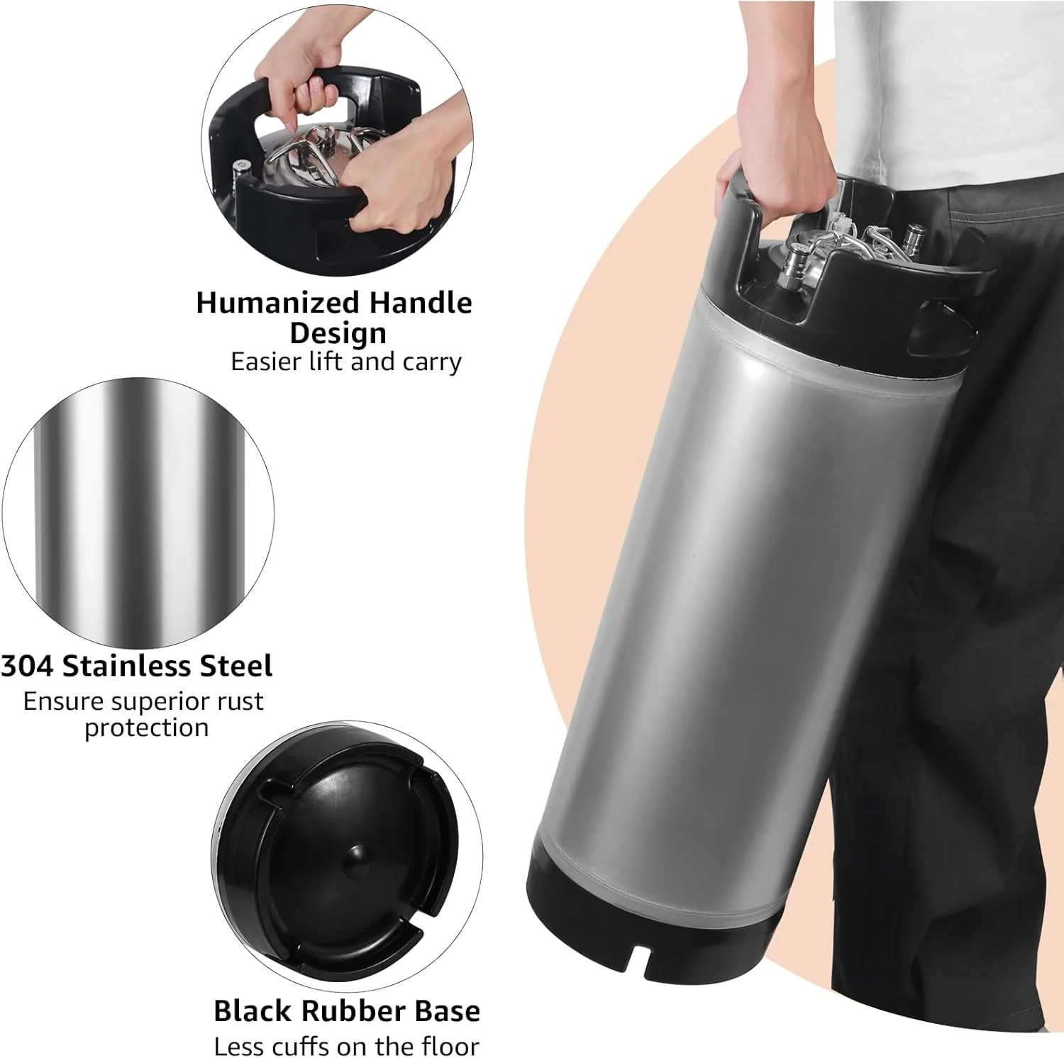 New 5 Gallon Ball Lock Keg, Stainless Steel Corny Keg with Ball Lock Post, Portable Mini Beer Keg with Dual Rubber Handle