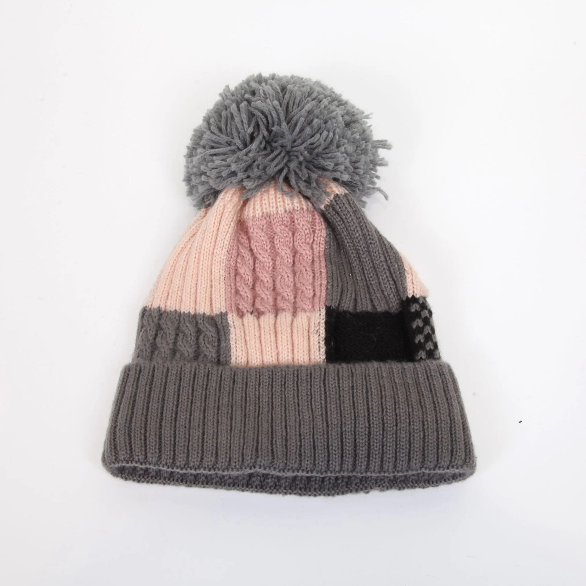 Women Acrylic Patch Work Color Block Knitted Beanie Hat with Fleece Lining