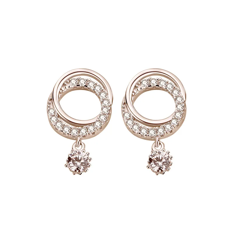Wholesale Fine Jewelry Women Female Gift Daily Wear Micro Inlaid Zircon Double Ring Rose Plated 925 Sterling Silver Stud Earring