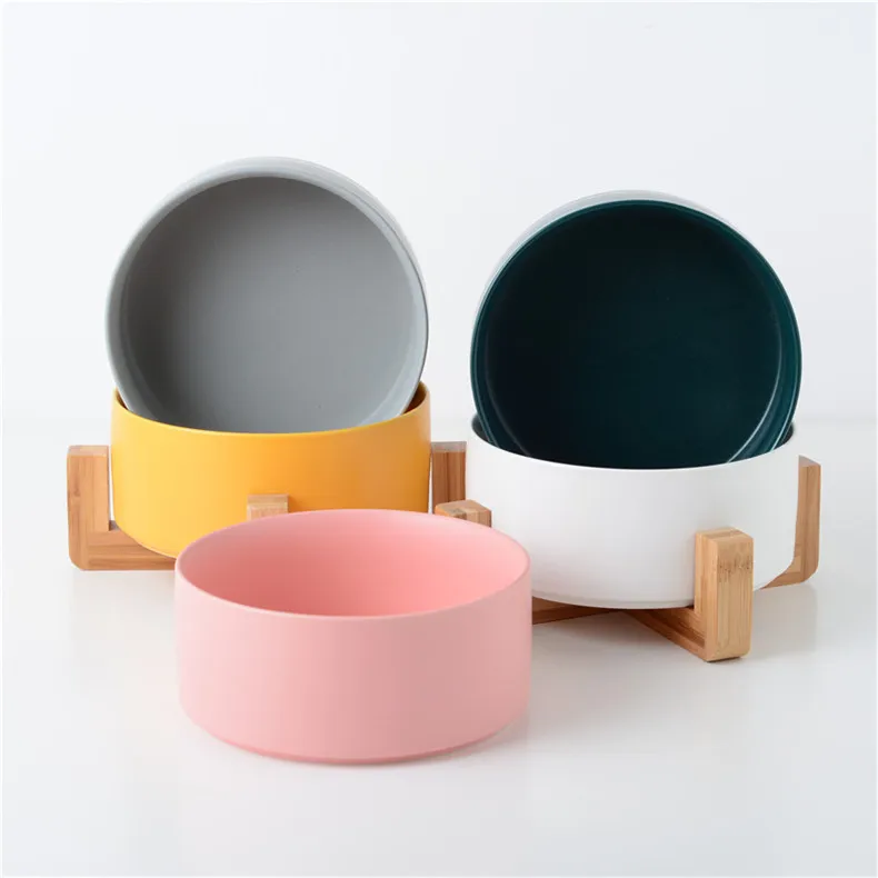 
Jade-cer wholesale color glazed ceramic pet dog cat food and water bowl with wooden frame stand 