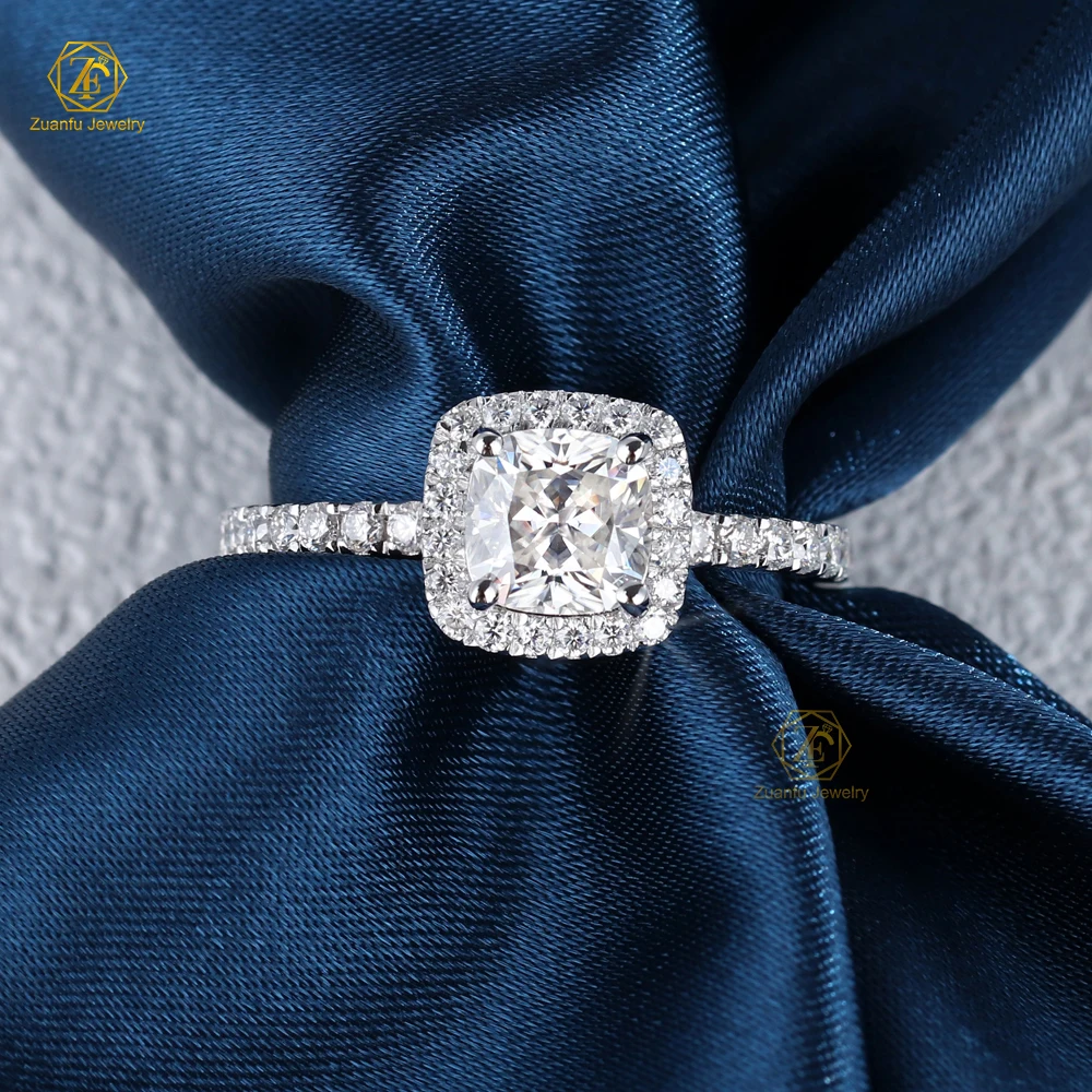 Moissanite Rings VVS 6*6mm 1CT Cushion Cut Moissanite Halo With Small Stones Silver Ring 925 Sterling Wedding Engagement Ring