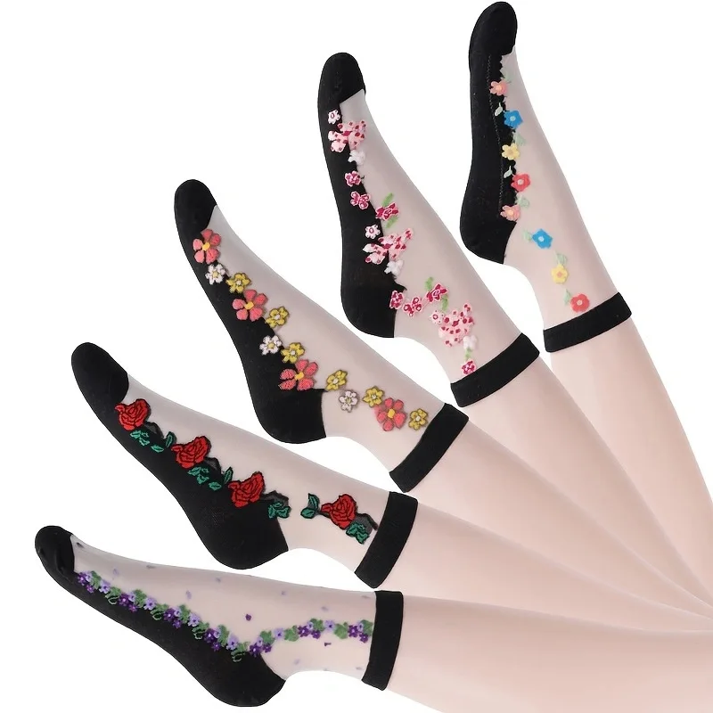 Fashion Popular Summer Ice Silk Sheer Trend Flower Transparent Lace Socks Women Spring Summer Mesh Socks