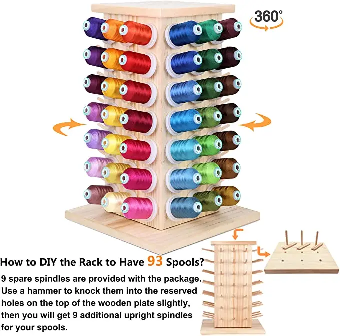 84 Spools (DIY to be 93 Spools) 360 Fully Rotating Wooden Thread Rack/Thread Holder Organizer for Sewing Quilting, Embroidery