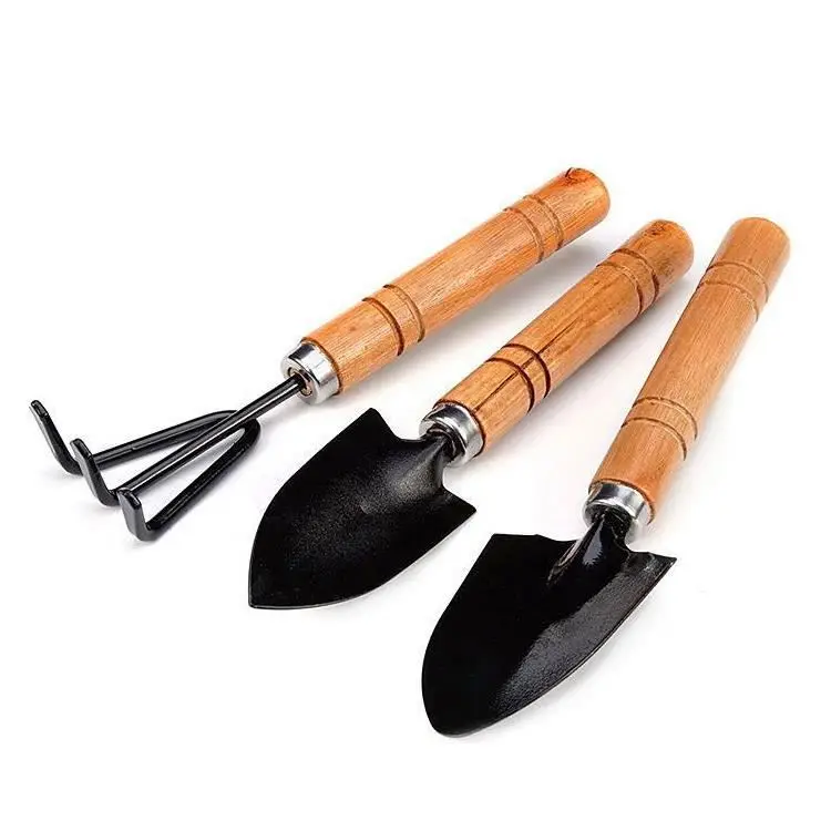 Rake Shovel Trowel 3 pcs Wooden Handle Steel Material Hand Garden Tool Set
