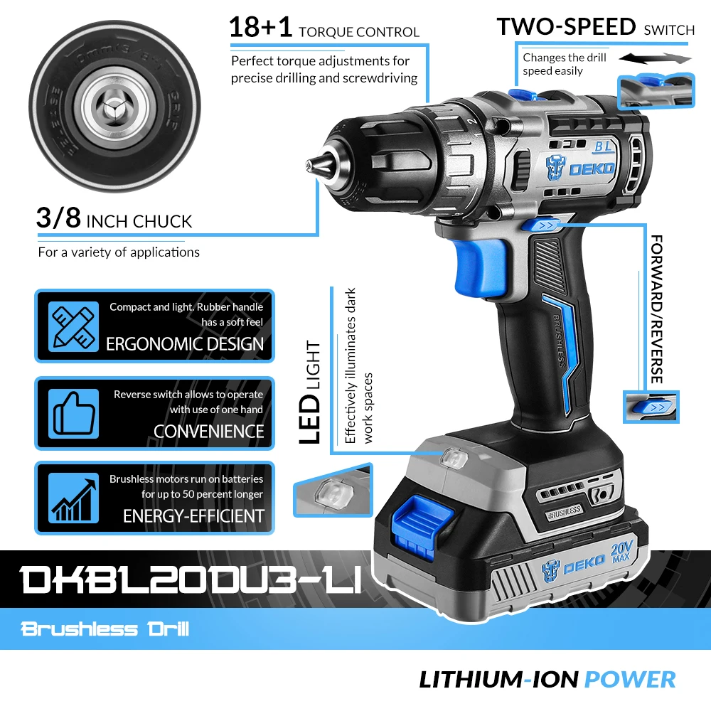  DEKO DKBL20DU3-H 20V электрическая дрель отвертка DC литий-ионный аккумулятор 18 + 1 настроек бесщеточная