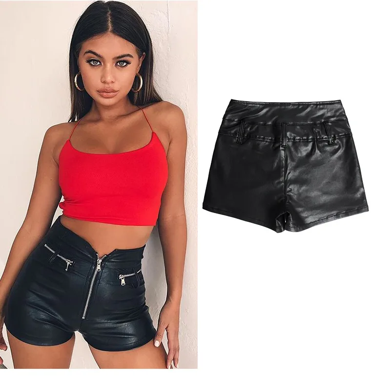 2021 Summer Women Casual Pu Leather Pants Black Shorts High Waist Zipper Booty Shorts