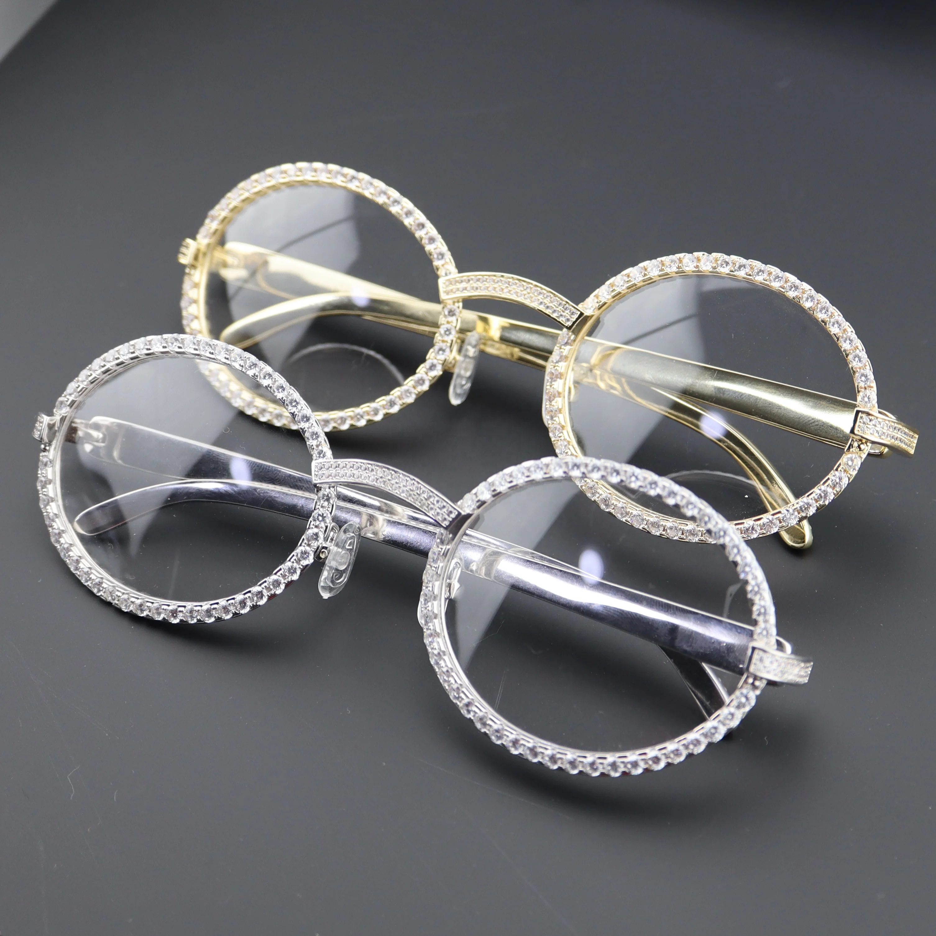
cz diamond iced out metal hip hop round frame clear lens glasses 