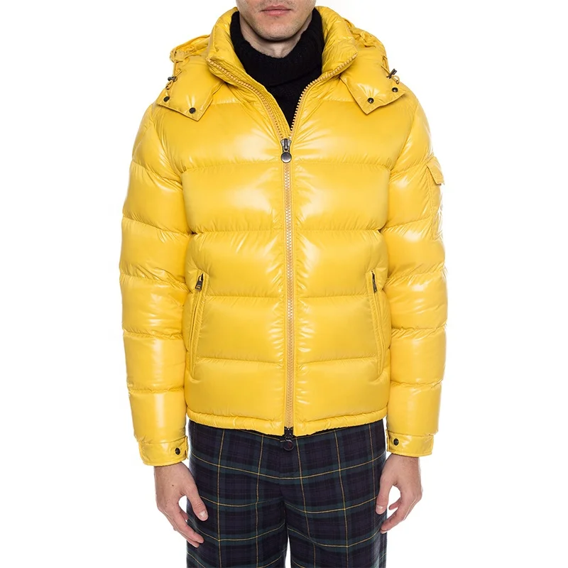 Winter Fashion Stylish Custom Design Bright Yellow Shell Hooded Quilted Nylon Puffer Coat Mens Jacket
