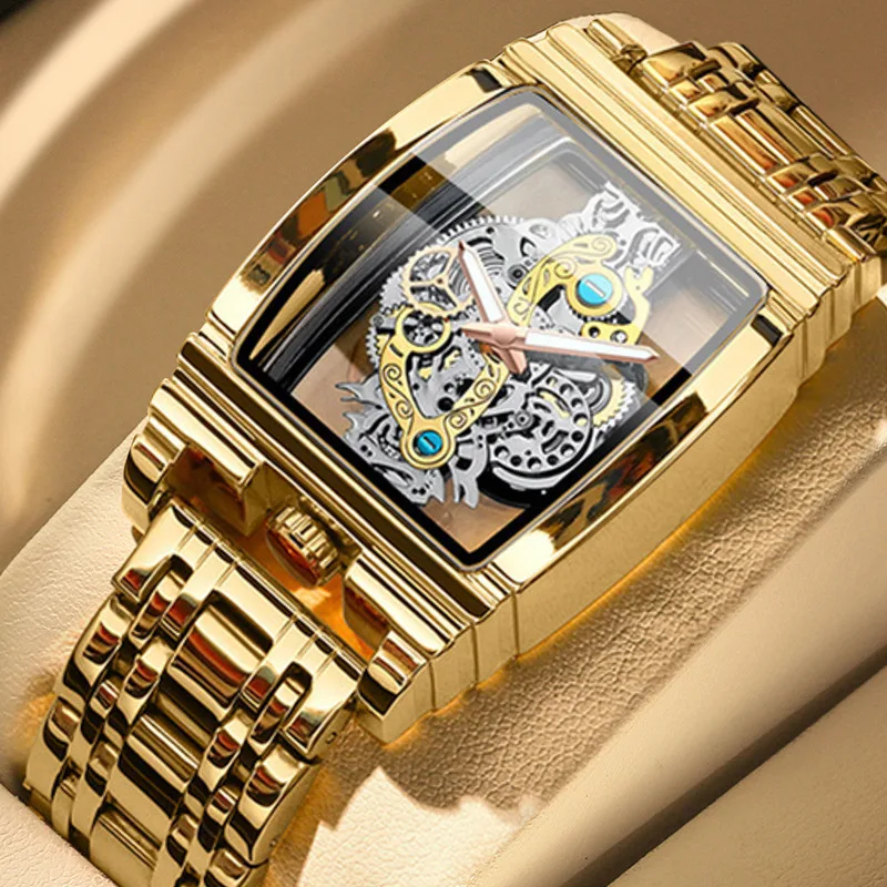 Wholesale 18K Gold Brand Square Luxury Men Gold Tourbillon Skeleton Automatic Quartz Wrist Watches For Men