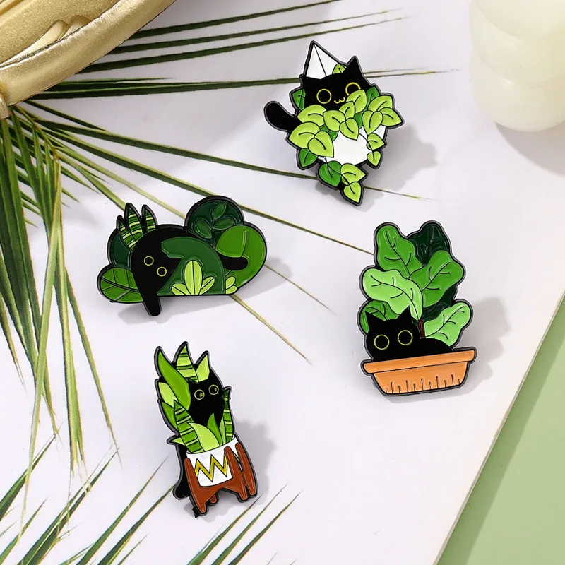 Wholesale Black Cat Brooch Custom Cat in Green Potted Plant Cute Fun Metal Cartoon Lapel Badge Soft Enamel Pin Bag Accessories