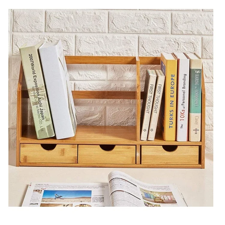 Desk Organizer with 3 Drawers Bamboo Wood Desktop Bookshelf Office Supplies Display Shelves