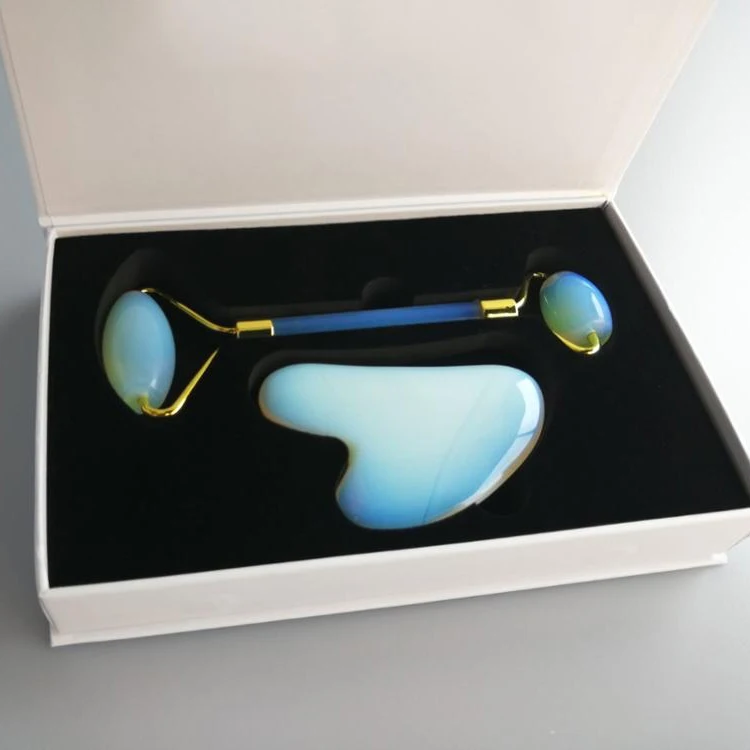 Chinese Medicine Natural Crystal  Facial Massager Gua Sha Set Board Green Jade Roller With Box