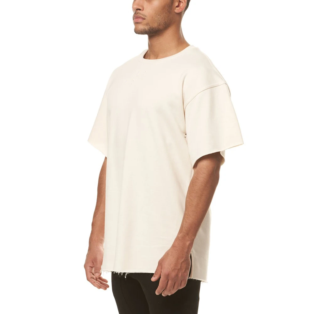 New style casual round neck t shirt french terry blank raw hem mens oversized tshirt