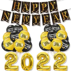 2022 Happy New Year Foil Balloons Photo Booth Frame Props Balloons Gold Black Banner Garland Navidad New Year Eve Party Supplies