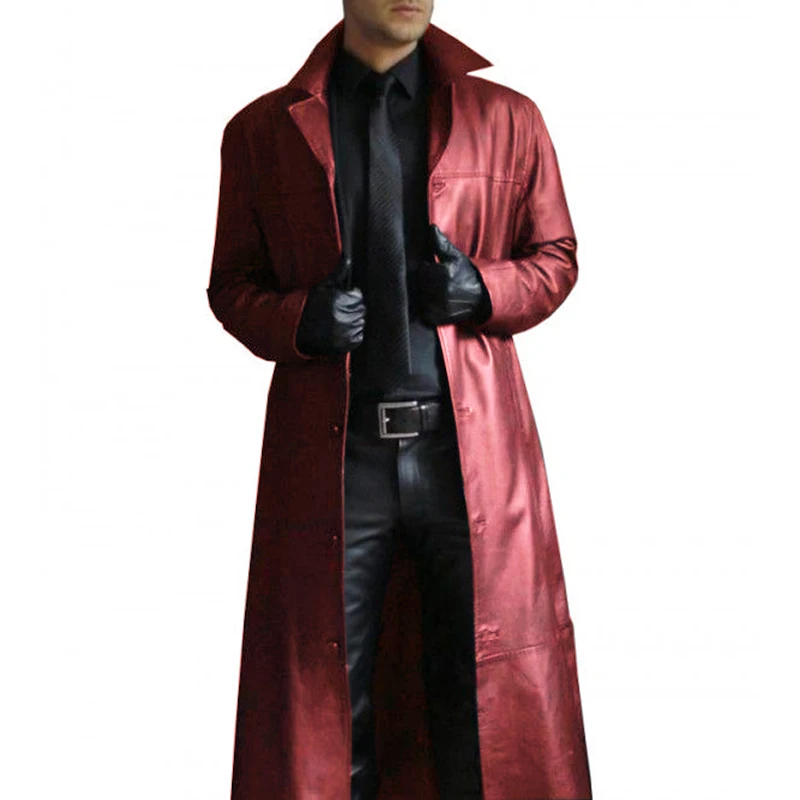 Trendy Fashion Solid Color Leather Windproof Long Trench Coat Windbreaker Jacket For Men