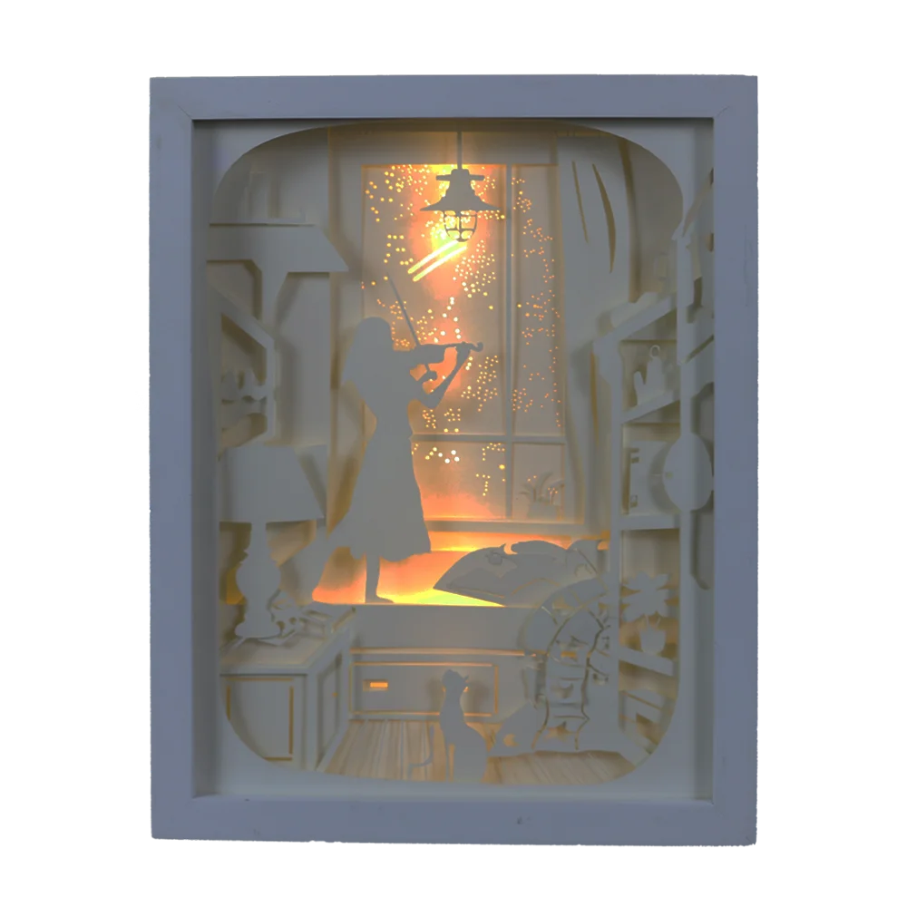 3D LED LIGHT BOX Wooden frame Paper print drawing Paper silhouette girl play violin christmas light indoor battery operated