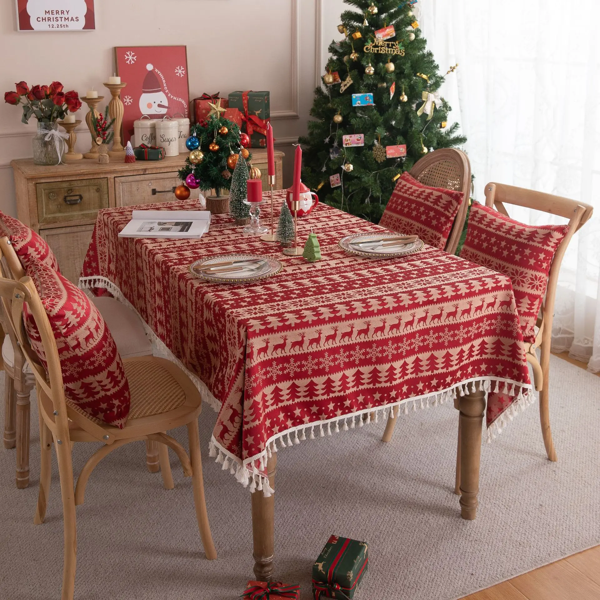 Cross-Border Christmas Waterproof  Red Knitted Christmas Tree Bell Deer Fringe Tablecloth Cover