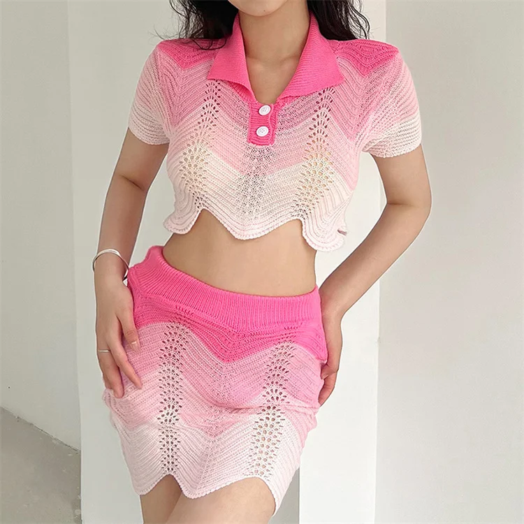 Knit Stitching T-Shirt Hipster Short Sleeve Irregular Shape Matching Top Female Streetwear Two Skirt Sets Women 2 Piece Outfits