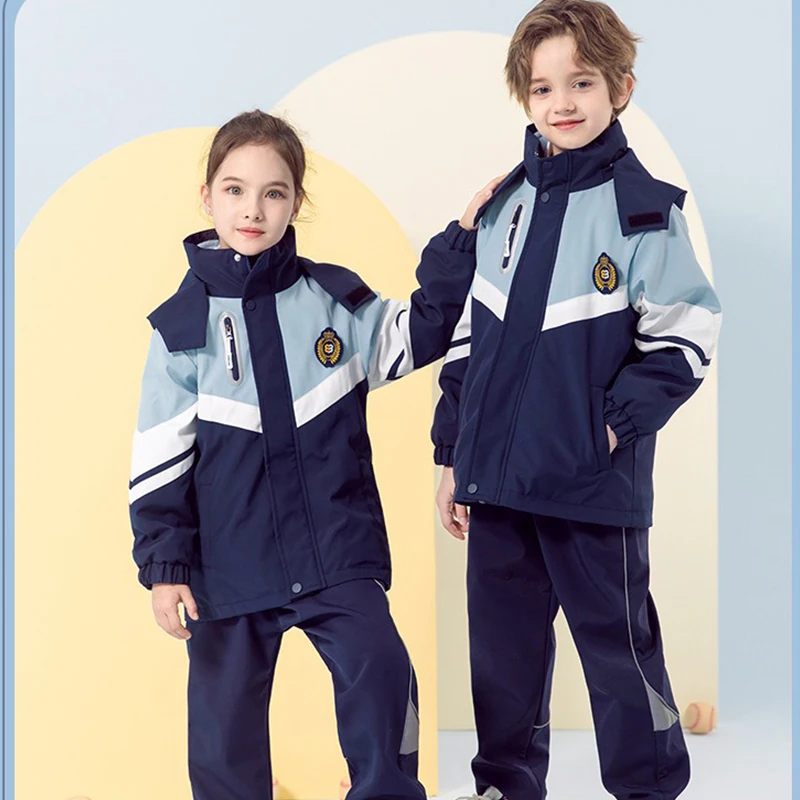 winter warm manufacture 3 pieces kids children OEM pants windbreaker waterproof jacket  blue school uniform suit for boys girls