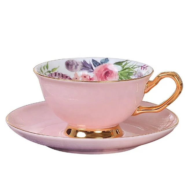 sublimation ceramic porcelain european ceramic coffee cup and saucer wholesale pink  bone china tea cup