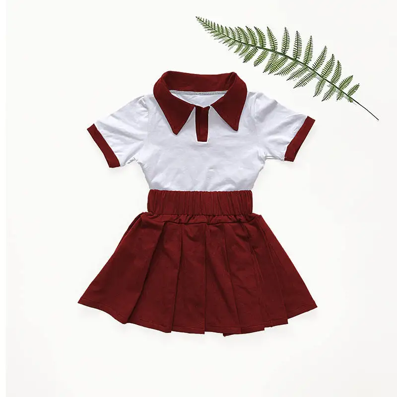 Wholesale Casual Girls Dresses 2-12 Children Clothing Summer Short Pleated Summer Clothes For Kids Girl Short Pleated Skirt Set