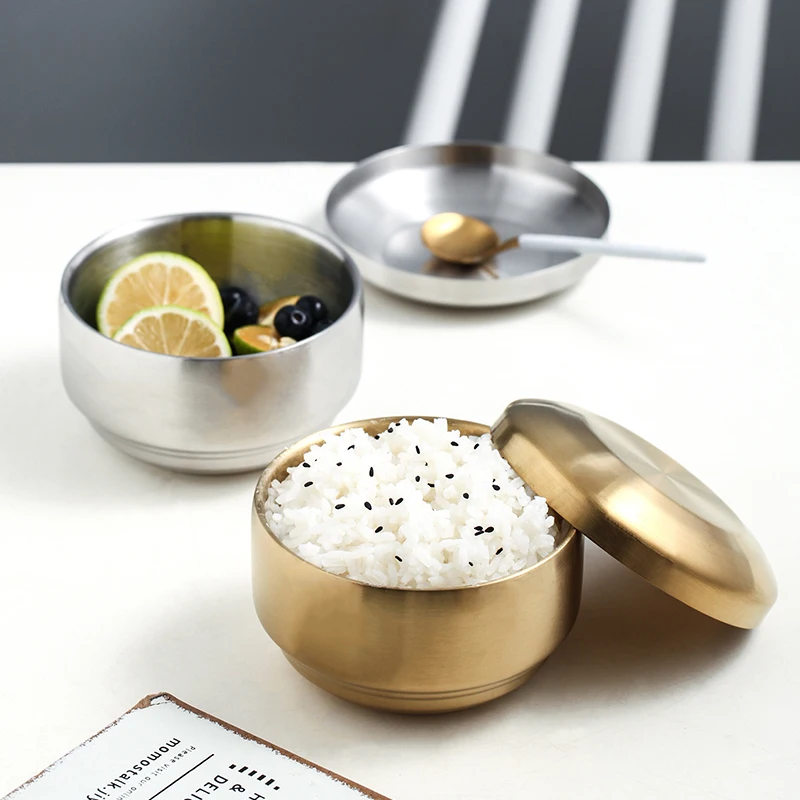 Fruit Mixing Metal Serving Soup Silver Stainless Steel Korean Gold Rice Bowl with lid cover