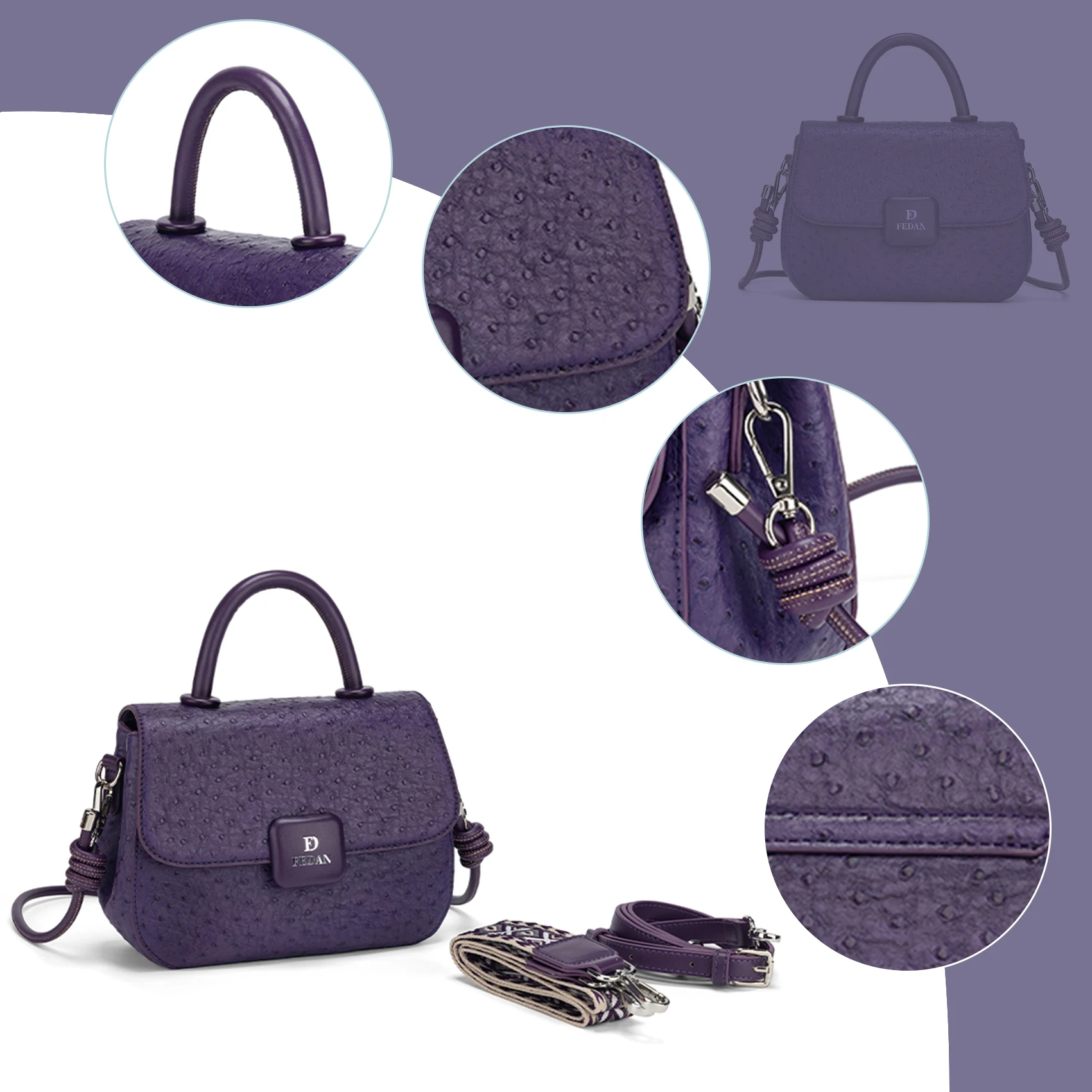 FANXI China Factory Custom Women Handbags Ostrich Pu Leather Top Handle Mini Flap Crossbody Hand Bag Luxury Designer Handbags