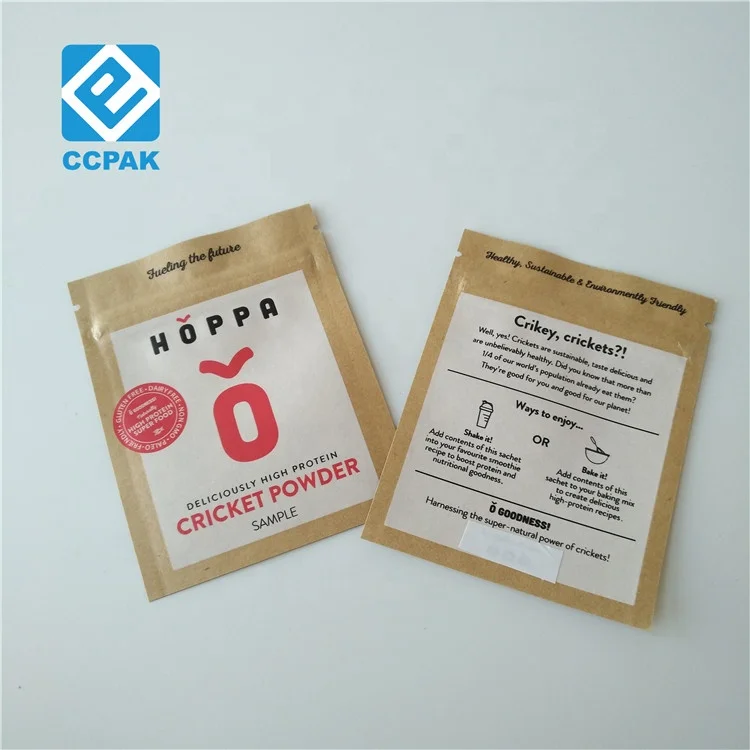 Eco Friendly Food Grade Kraft Paper Zipper Bag Three Side Sealed Sugar Sachet For Tea leaves protein Powder Sample/candy/pill