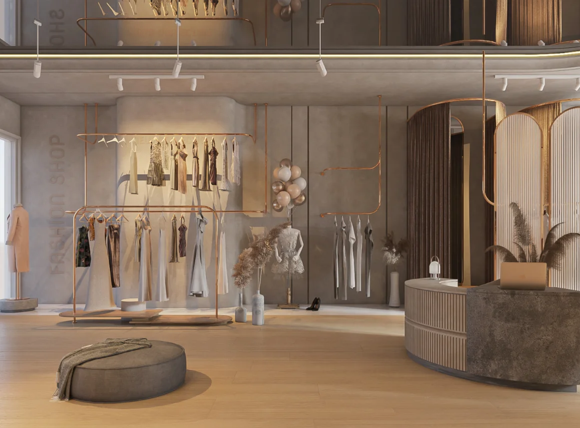 High End clothing interior display accessories design rose gold stainless steel shelves delicate clothing display rack