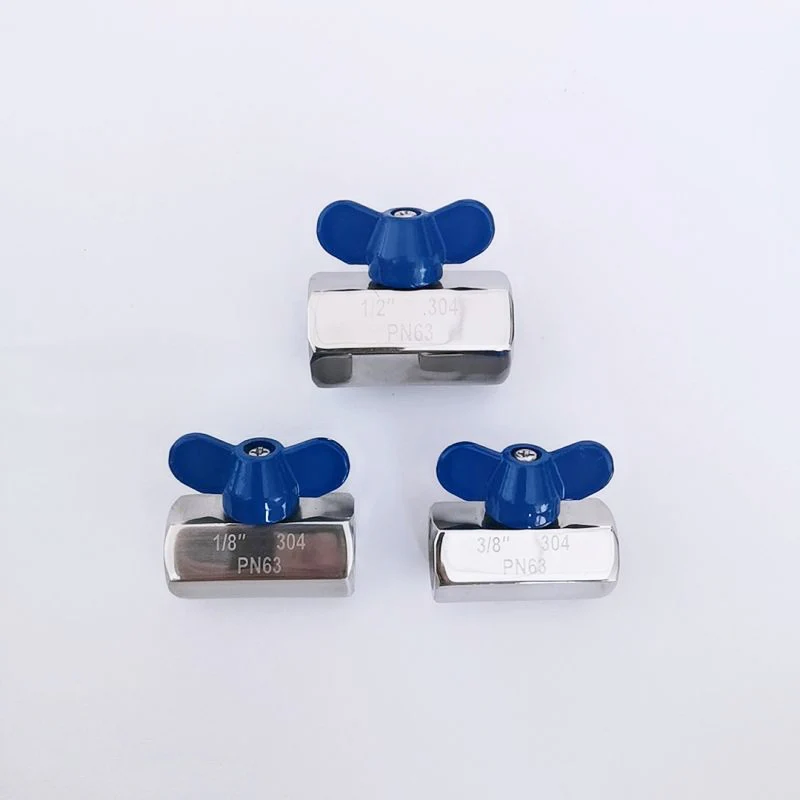 304/316 Stainless Steel PN63 Mini Ball Valve male to hose  ball valve with blue handle