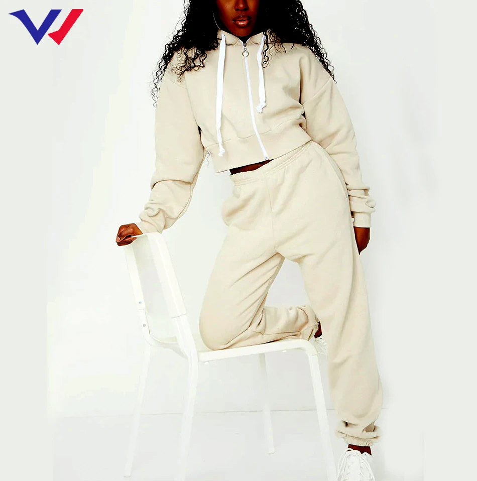 2021 New arrival womens tracksuits set 2 piece jogger sweatsuit add your own logo cropped fleece tracksuit